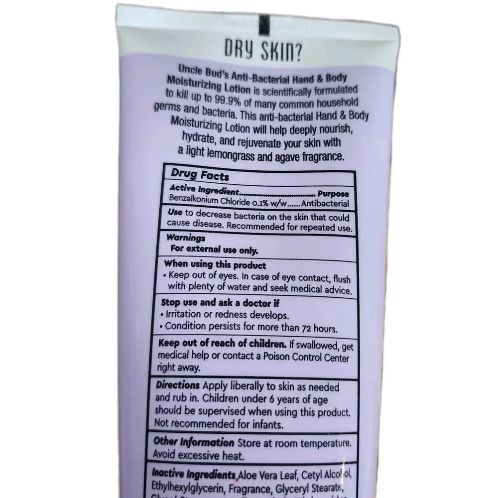 Lot Of 2 Uncle Bud's Hand & Body Moisturizing Loyion Lemongrass & Agave 8 Oz
